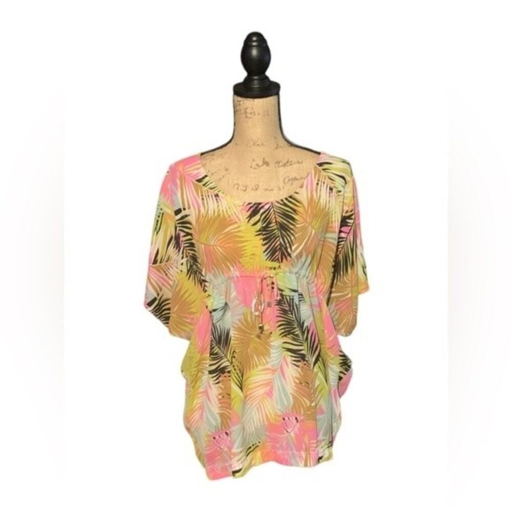 H&M Tunic‎ Coverup Top Womens 8 Pink Multi Tropical Palm Leaf Print Sheer Beach